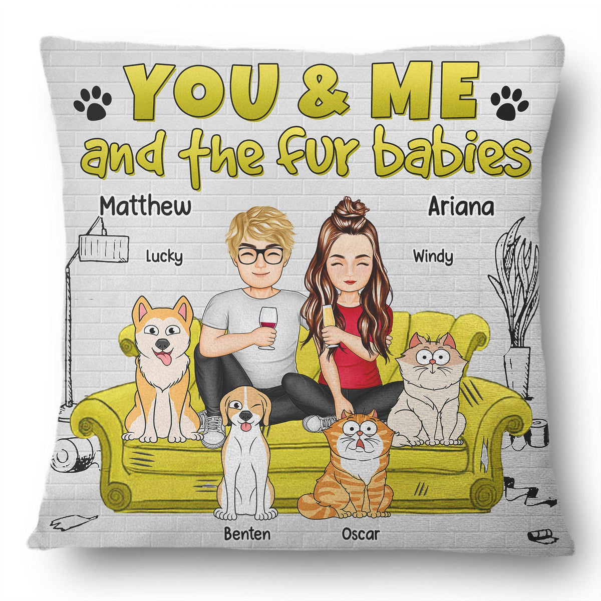 Toi, moi et le chien et le chat - Cadeau pour les amoureux des animaux - Oreiller personnalisé