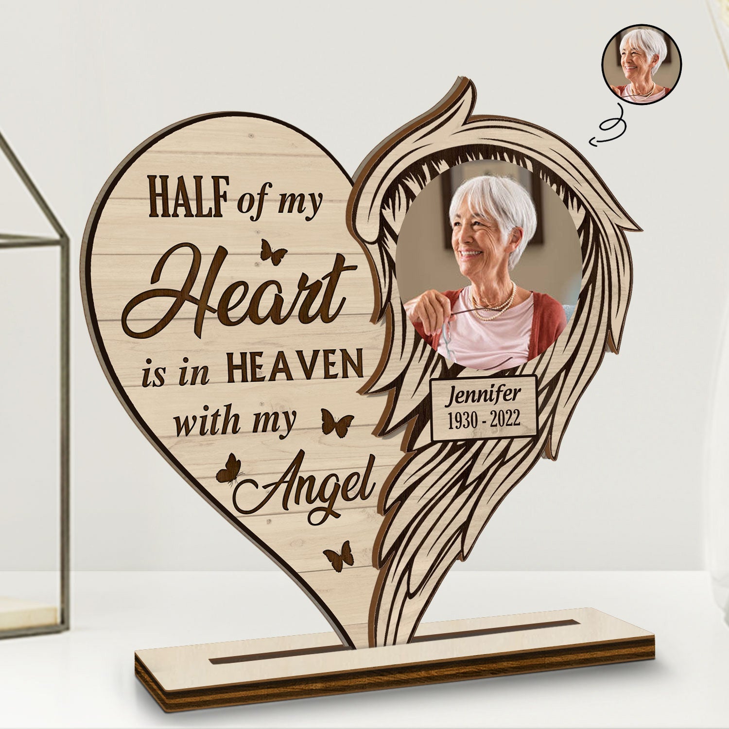 Custom Photo Half Of My Heart Is In Heaven - Memorial Gift - Personalized Custom Shaped 2-Layered Wooden Plaque