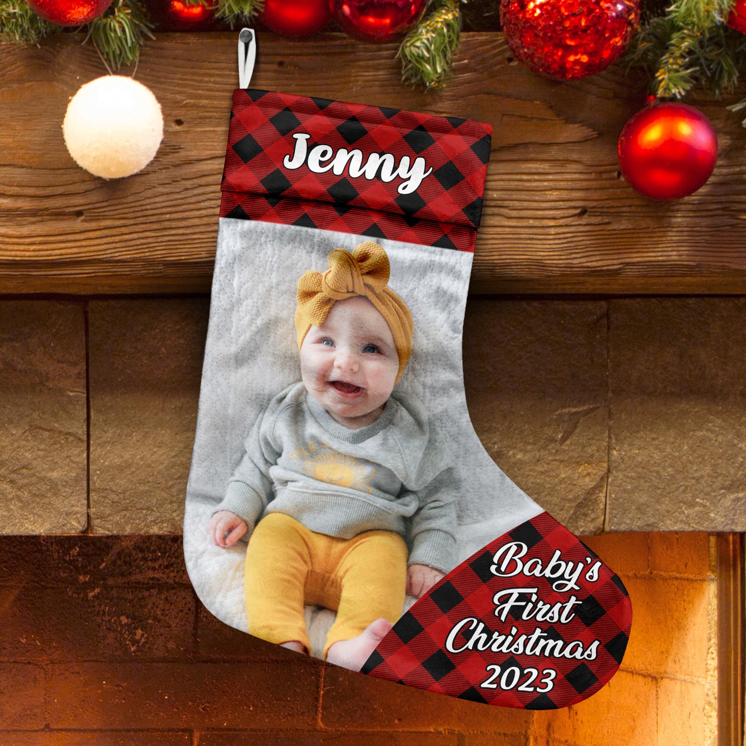 Custom Photo Plaid New Baby My First Christmas - Christmas Gift - Personalized Christmas Stocking