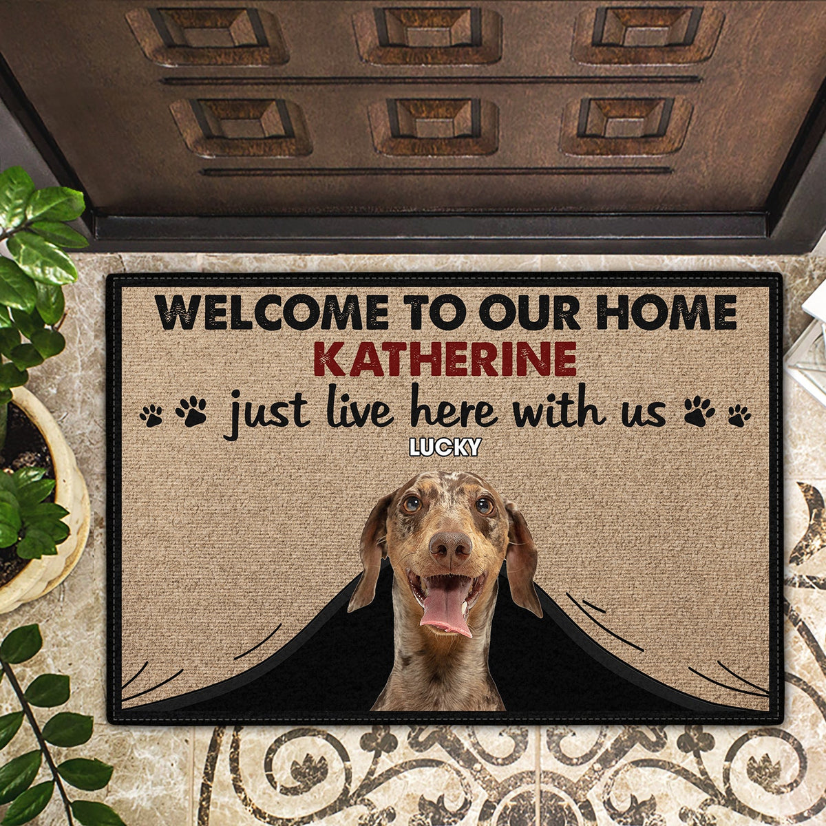Custom Photo Just Live Here With Us - Gift For Pet Lovers - Personalized Doormat