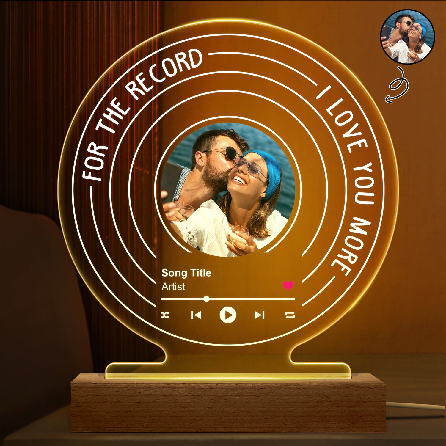 Custom Photo For The Record - Gift For Couples - Personalized 3D Led Light Wooden Base