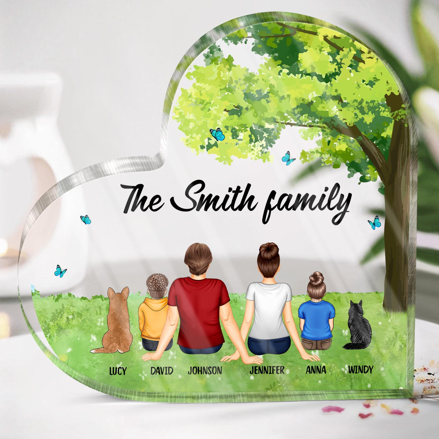 Back Family Sitting Together - Gift For Family - Personalized Heart Shaped Acrylic Plaque