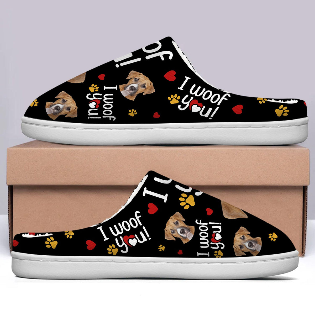 Custom Photo I Woof You - Gift For Dog Lovers - Personalized Fluffy Slippers