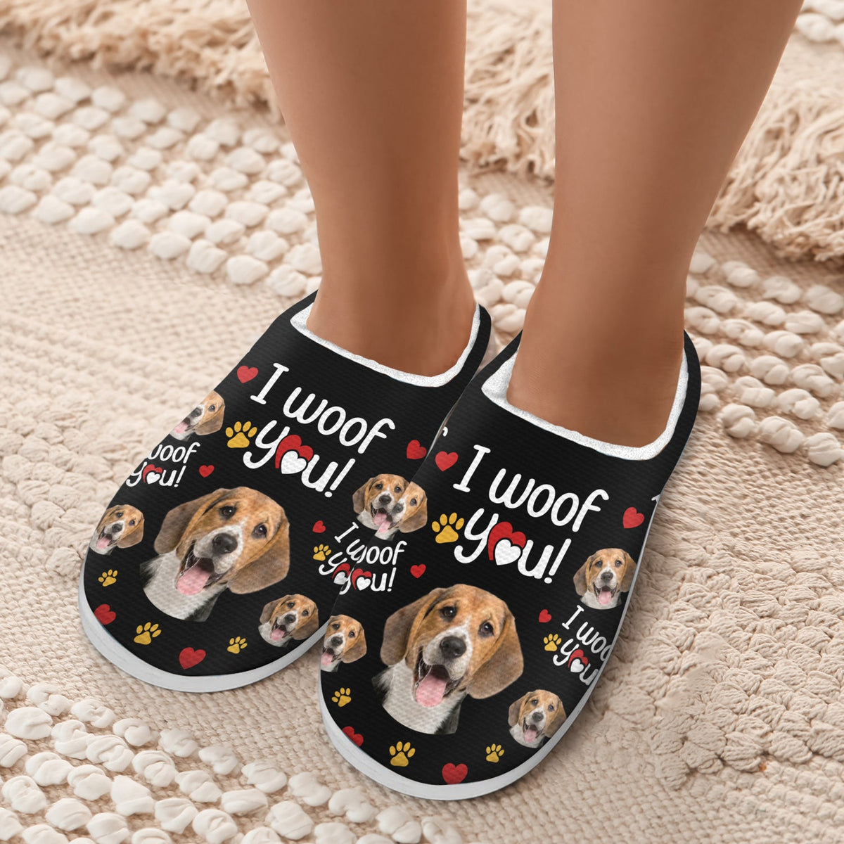 Custom Photo I Woof You - Gift For Dog Lovers - Personalized Fluffy Slippers