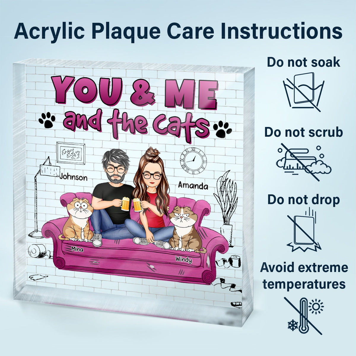You And Me And The Cats - Gift For Cat Lovers - Personalized Square Shaped Acrylic Plaque