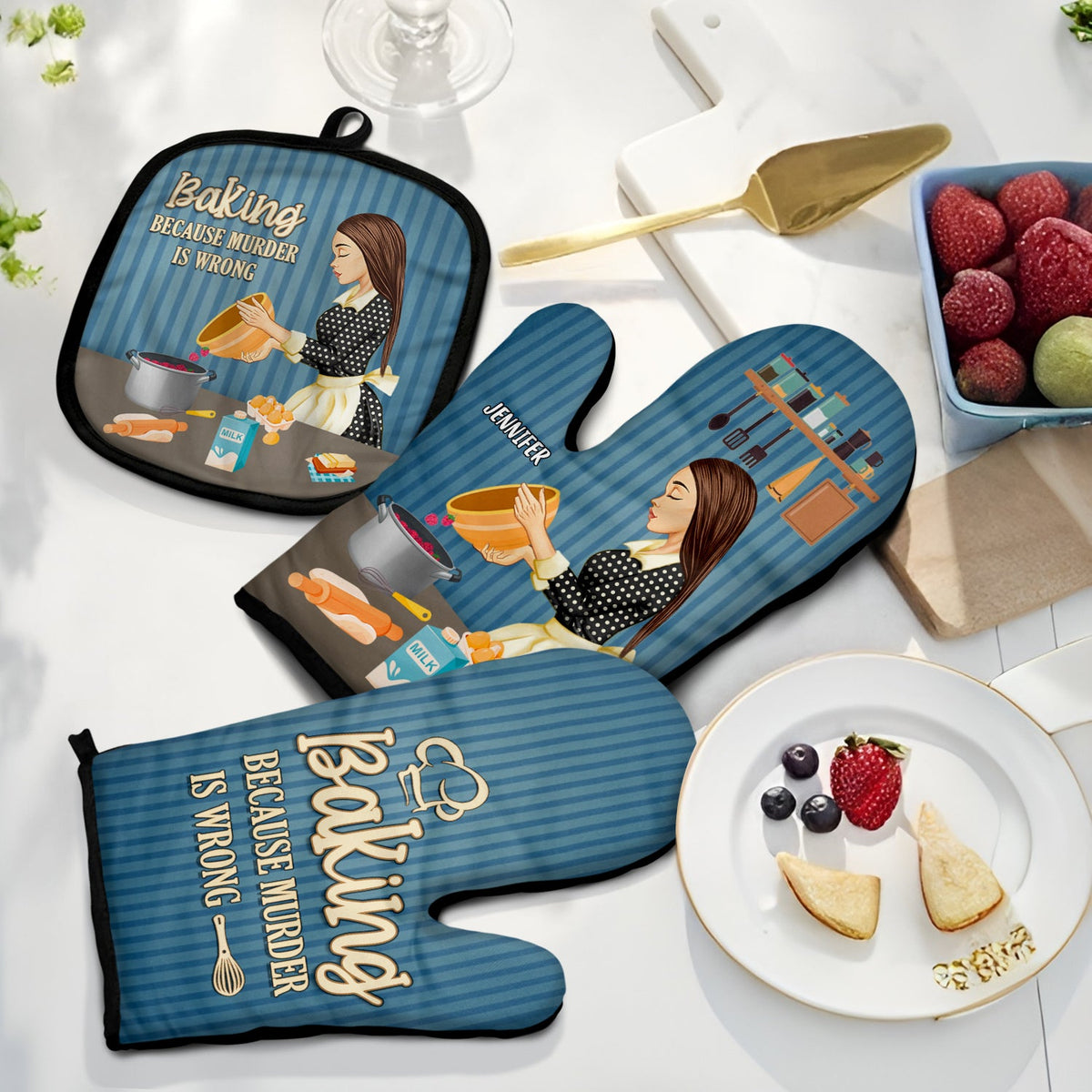 Le meurtre est mal - Cadeau pour maman, cadeau pour les amateurs de pâtisserie - Gants de cuisine et maniques personnalisés