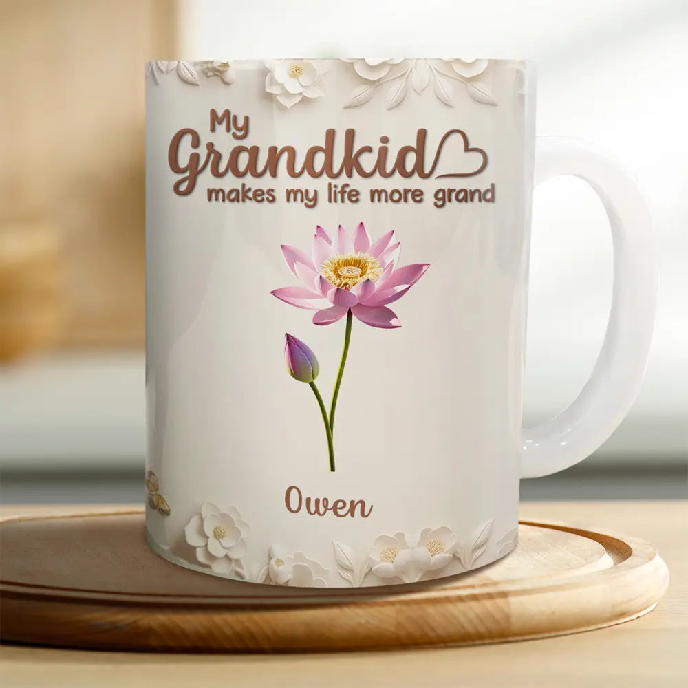 Gift For Mother,Gift For Grandma,Love - My Grandkids Make My Life Grandma 3D Pottery Effect Birth Flower - Personalized White Edge-to-Edge Mug