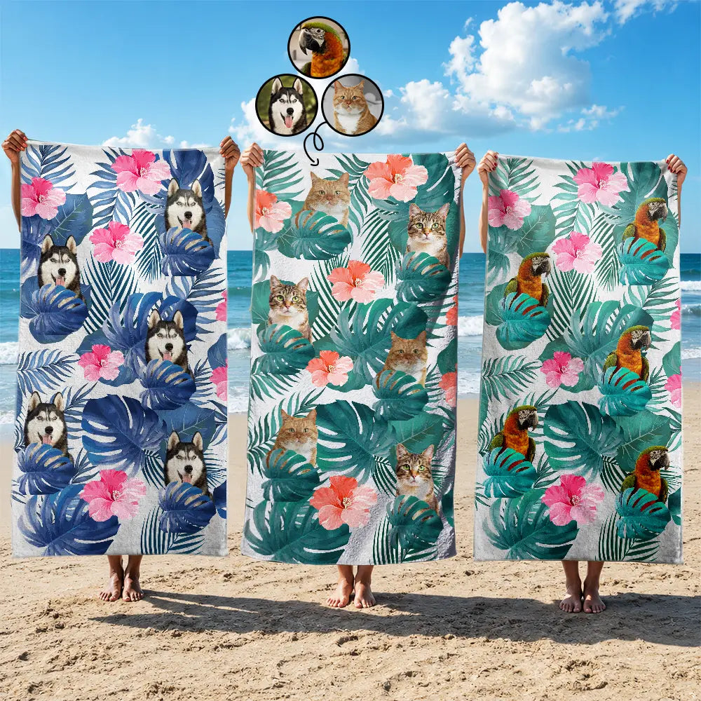 Gift For Yourself,Gift For Women,Gift For Men,Beach,Summer,Gift For Bestie,Non-Eng,Photo,Playful - Custom Photo Tropical Leaves Pattern With Family Pet Face - Personalized Beach Towel