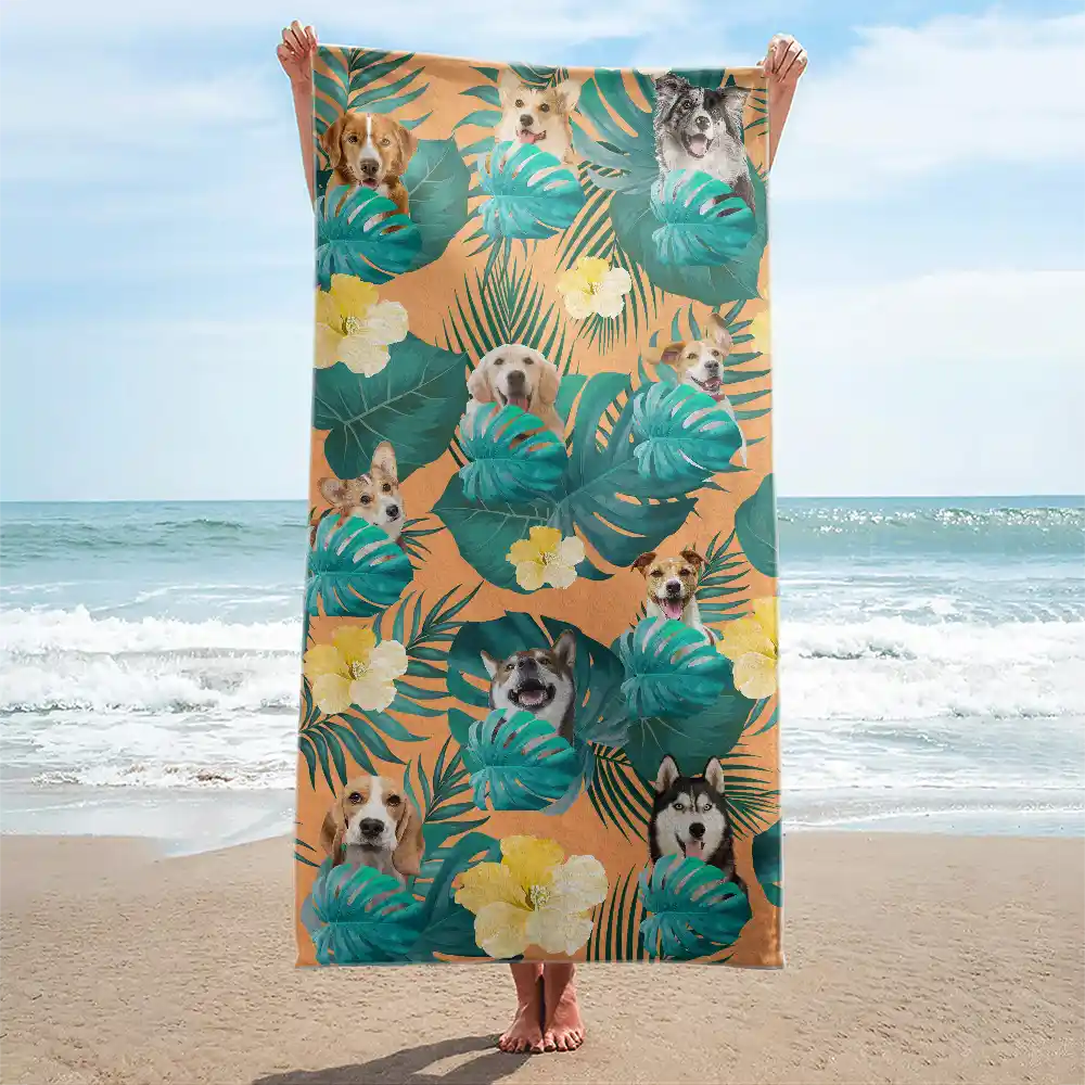 Gift For Yourself,Gift For Women,Gift For Men,Beach,Summer,Gift For Bestie,Non-Eng,Photo,Playful - Custom Photo Tropical Leaves Pattern With Family Pet Face - Personalized Beach Towel