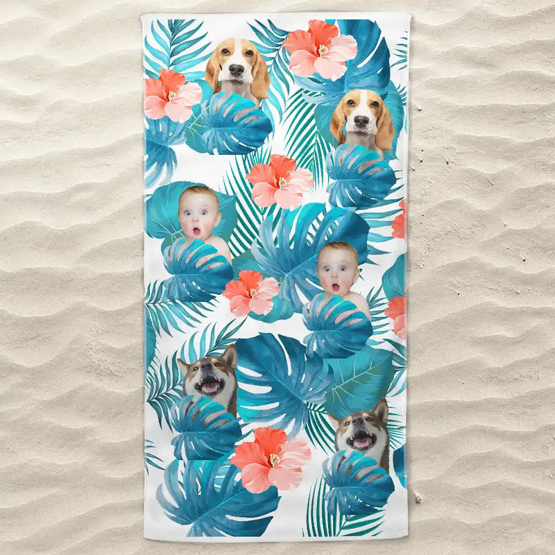 Gift For Yourself,Gift For Women,Gift For Men,Beach,Summer,Gift For Bestie,Non-Eng,Photo,Playful - Custom Photo Tropical Leaves Pattern With Family Pet Face - Personalized Beach Towel