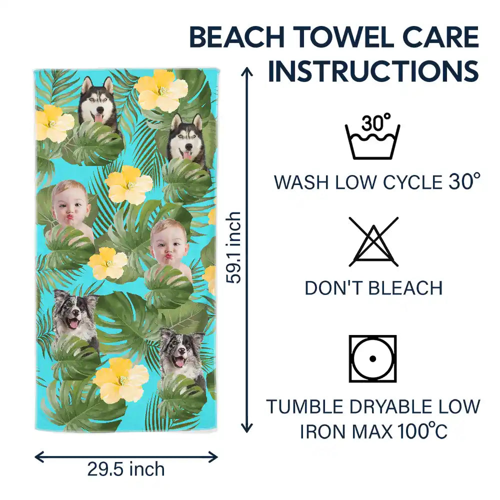 Gift For Yourself,Gift For Women,Gift For Men,Beach,Summer,Gift For Bestie,Non-Eng,Photo,Playful - Custom Photo Tropical Leaves Pattern With Family Pet Face - Personalized Beach Towel