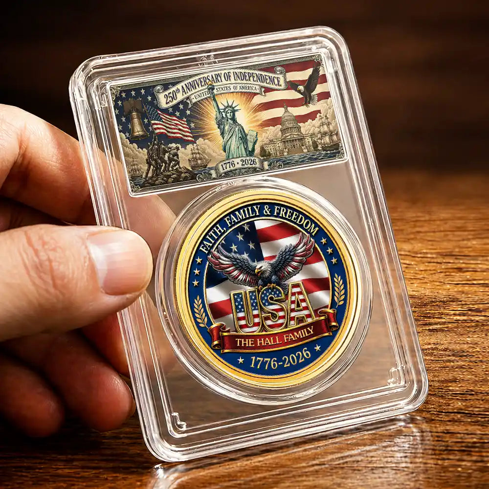 America 250th,Custom Photo,Independence Day,Gift For Yourself,Proud,Upload Full Photo - Custom Photo Stars And Stripes Faith, Family & Freedom - Personalized Commemorative Keepsake Coin