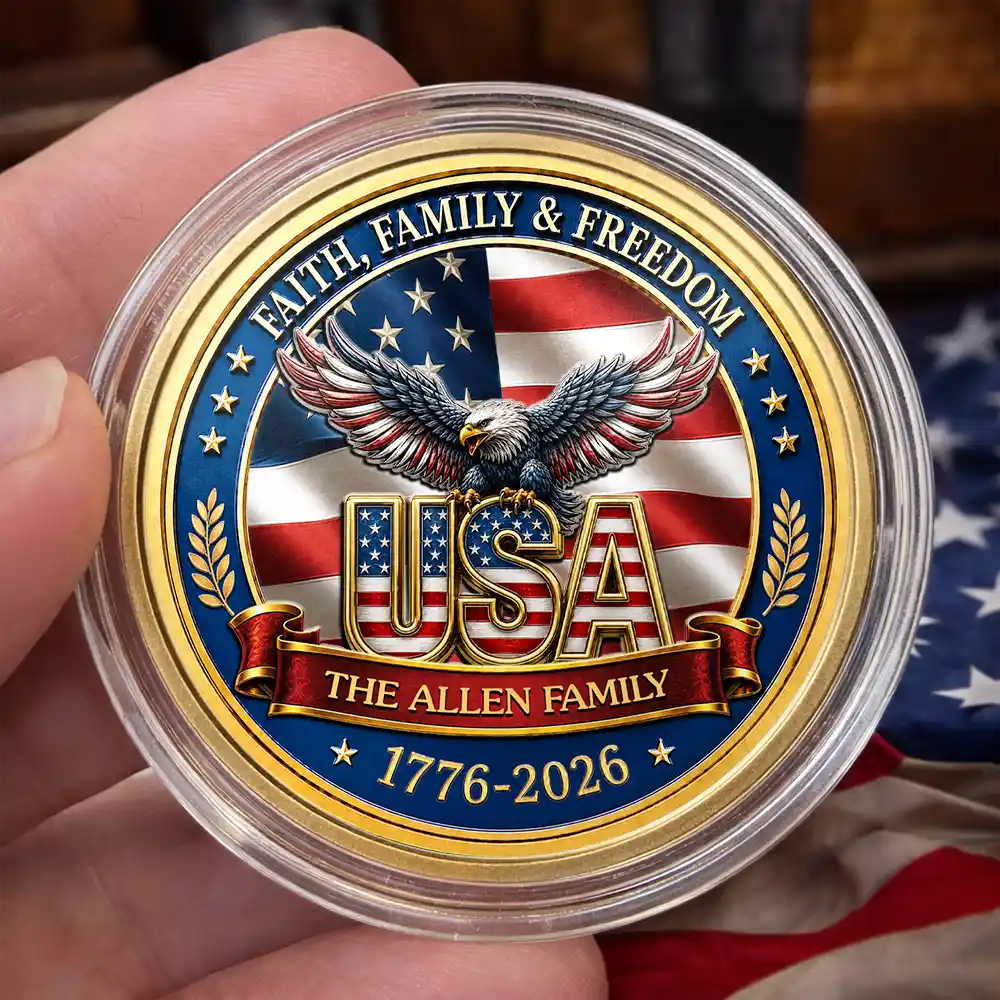 America 250th,Custom Photo,Independence Day,Gift For Yourself,Proud,Upload Full Photo - Custom Photo Stars And Stripes Faith, Family & Freedom - Personalized Commemorative Keepsake Coin