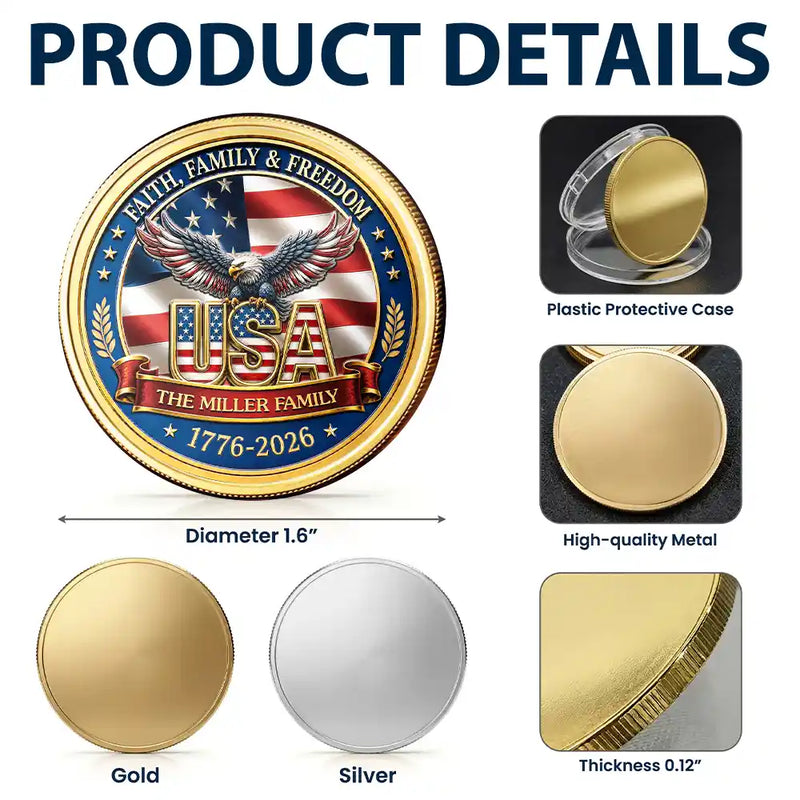 America 250th,Custom Photo,Independence Day,Gift For Yourself,Proud,Upload Full Photo - Custom Photo Stars And Stripes Faith, Family & Freedom - Personalized Commemorative Keepsake Coin