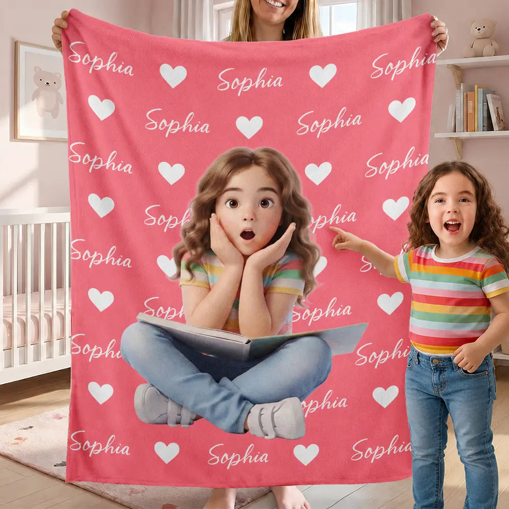 Custom Photo Cartoon Portrait Kid Name & Heart Pattern - Personalized Fleece Blanket, Sherpa Blanket