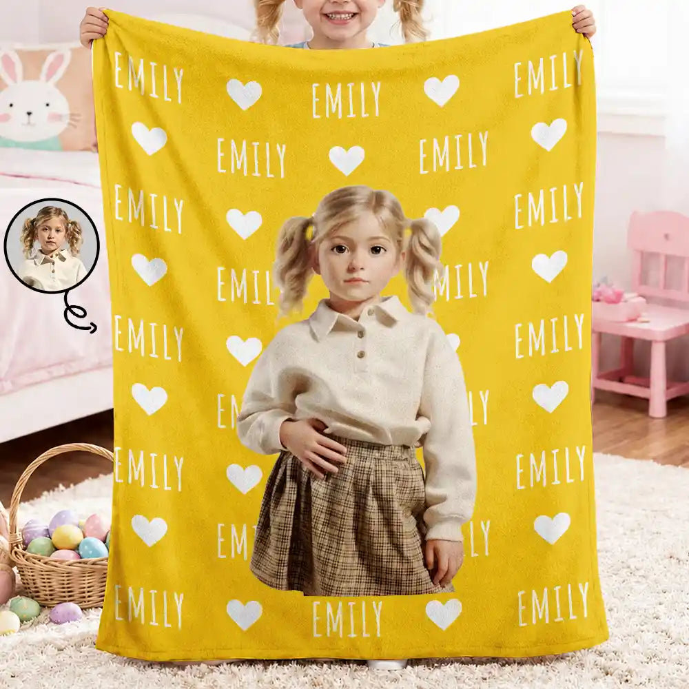 Top Market,Adorable,Art Design,Gift For Kids,Photo - Cartoon Portrait - Custom Photo Cartoon Portrait Kid Name & Heart Pattern - Personalized Fleece Blanket, Sherpa Blanket