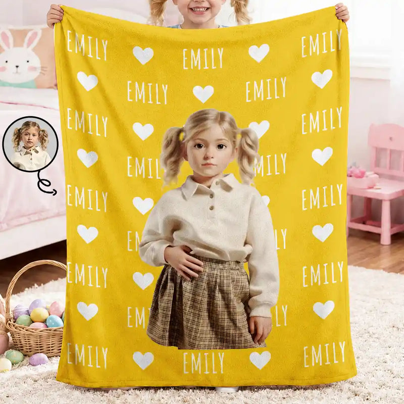Top Market,Adorable,Art Design,Gift For Kids,Photo - Cartoon Portrait - Custom Photo Cartoon Portrait Kid Name & Heart Pattern - Personalized Fleece Blanket, Sherpa Blanket