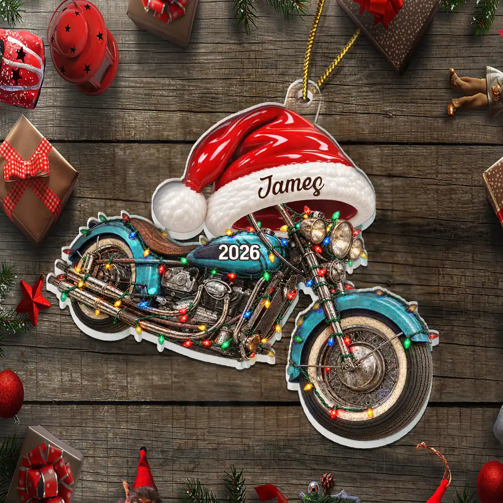 Christmas,Gift For Men,Gift For Yourself,Gifts For Him,Happy,Icon,Motorcycle - Christmas Gift For Car Motorcycle Lovers - Personalized Santa Hat Acrylic Ornament