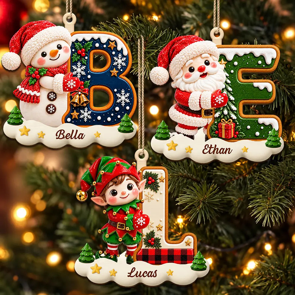 Gift For Family And Kids - Personalized Name And Character Hugging Snowy Christmas Initial Wooden Ornament