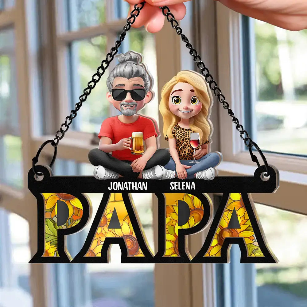 Gift For Father, Dad - Children, Happy Dad Grandpa Sitting With Children - Personalized Window Hanging Suncatcher Ornament