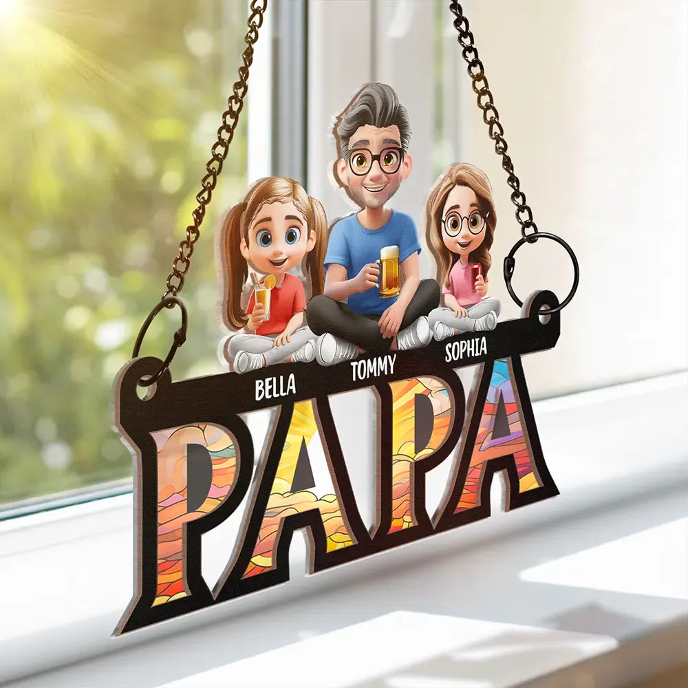 Gift For Father, Dad - Children, Happy Dad Grandpa Sitting With Children - Personalized Window Hanging Suncatcher Ornament
