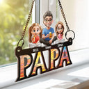 Gift For Father, Dad - Children, Happy Dad Grandpa Sitting With Children - Personalized Window Hanging Suncatcher Ornament