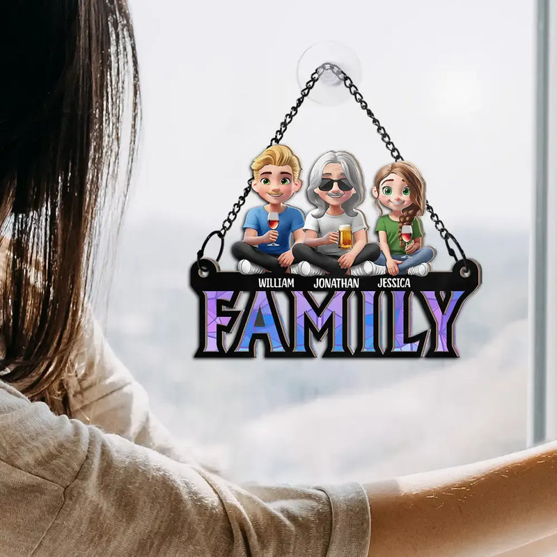 Gift For Father, Dad - Children, Happy Dad Grandpa Sitting With Children - Personalized Window Hanging Suncatcher Ornament