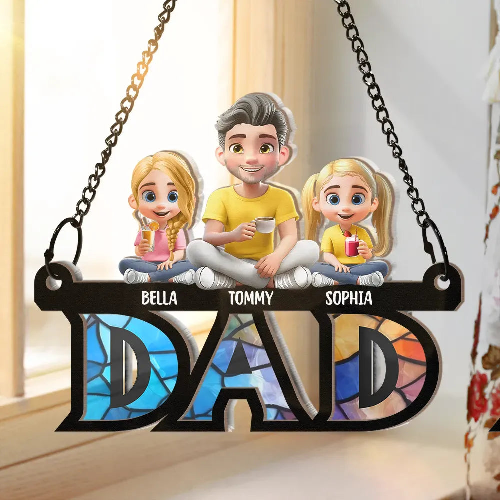 Dad Grandpa Sitting With Children - Personalized Window Hanging Suncatcher Ornament