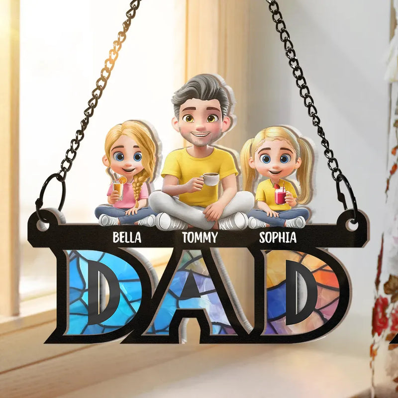 Gift For Father, Dad - Children, Happy Dad Grandpa Sitting With Children - Personalized Window Hanging Suncatcher Ornament