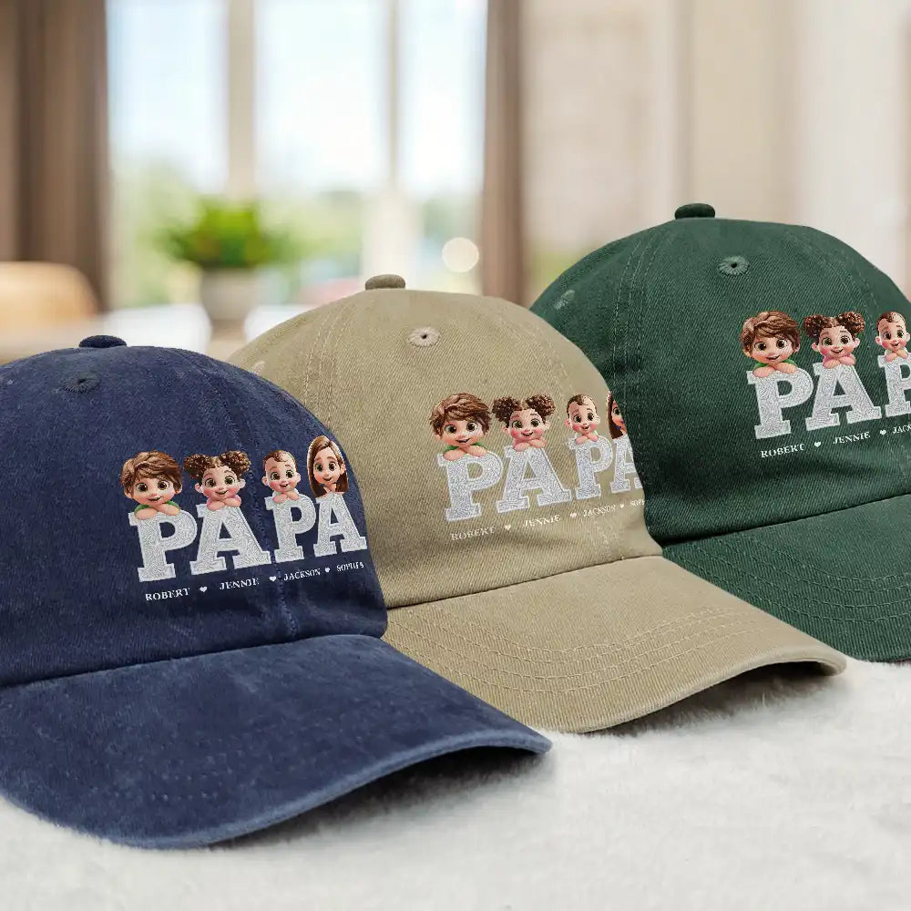 Gift For Grandpa,Grandpa - Grandkids,Gift For Father,Happy - Dad Papa Grandpa Embroidery Effect Title - Personalized Vintage Washed Denim Cap