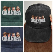 Gift For Grandpa,Grandpa - Grandkids,Gift For Father,Happy - Dad Papa Grandpa Embroidery Effect Title - Personalized Vintage Washed Denim Cap