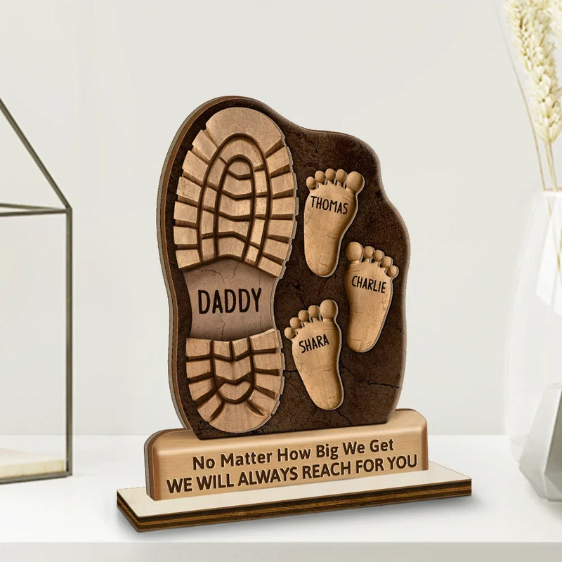 Gift For Father, Gift For Grandpa, Happy - Dad And Kids Footsteps No Matter How Big We Get - Personalized Custom Shaped 2-Layered Wooden Plaque