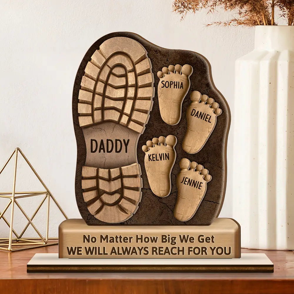 Gift For Father, Gift For Grandpa, Happy - Dad And Kids Footsteps No Matter How Big We Get - Personalized Custom Shaped 2-Layered Wooden Plaque