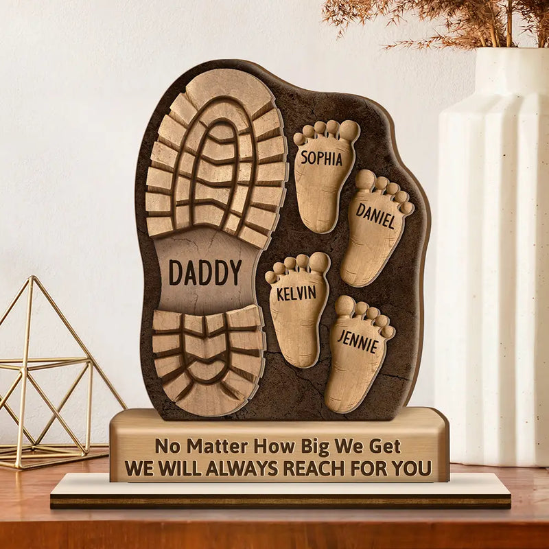 Gift For Father, Gift For Grandpa, Happy - Dad And Kids Footsteps No Matter How Big We Get - Personalized Custom Shaped 2-Layered Wooden Plaque