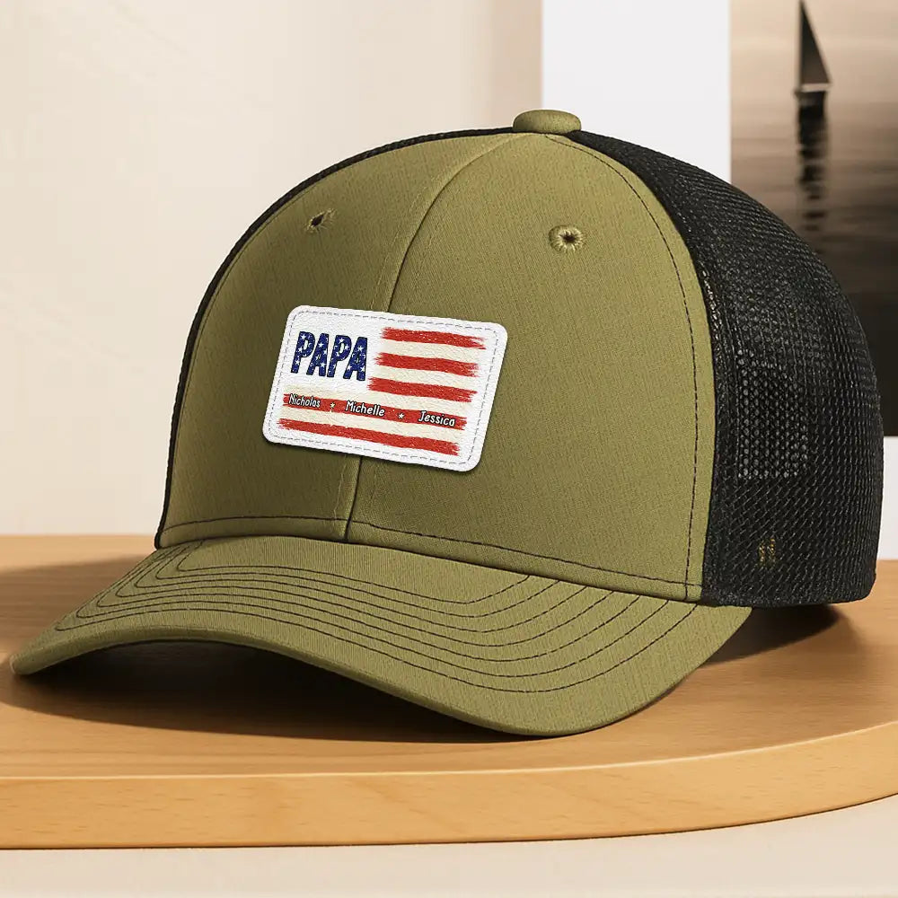 Gift For Father, Gift For Grandpa, Independence Day, Happy - Dad Grandpa America Flag Brush Stroke - Personalized Leather Patch Hat