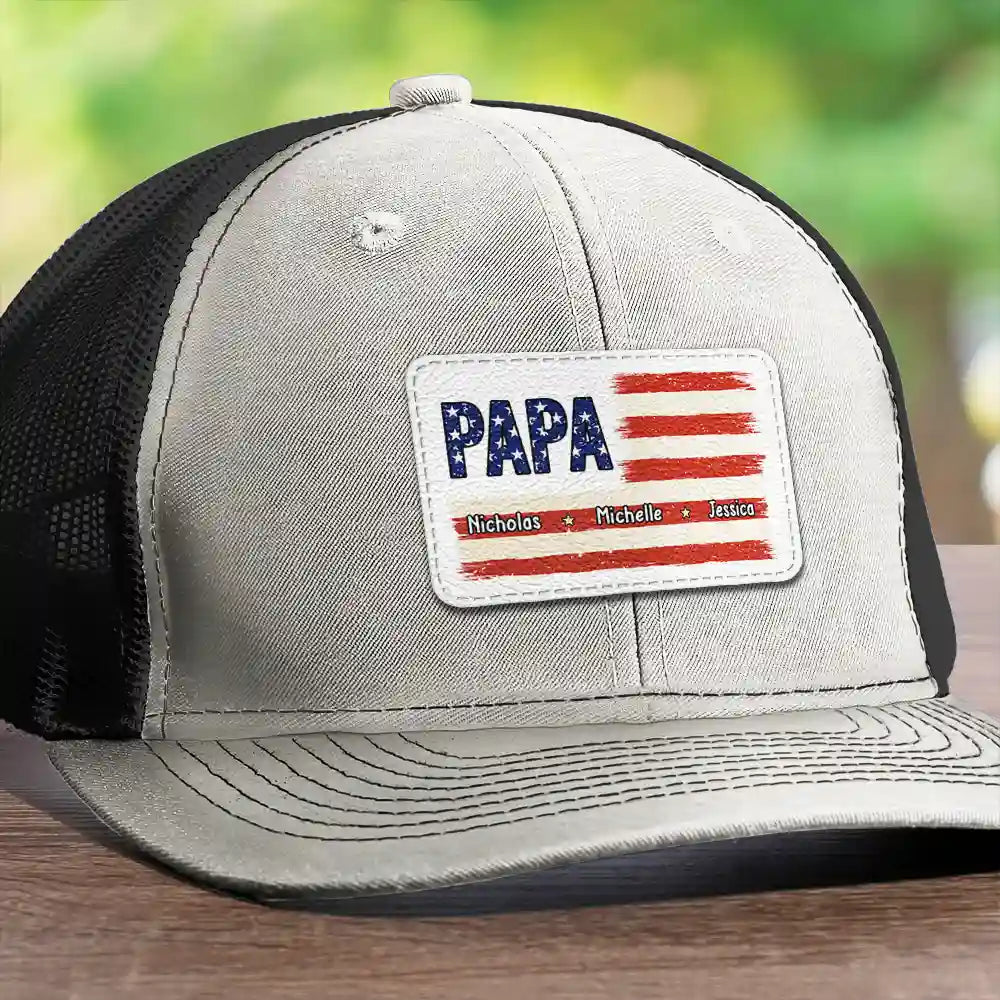 Gift For Father, Gift For Grandpa, Independence Day, Happy - Dad Grandpa America Flag Brush Stroke - Personalized Leather Patch Hat