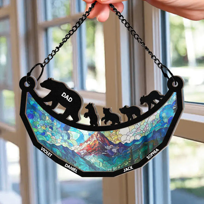 Gift For Father,Gift For Grandpa,Love - Dad Grandpa Papa Bear And Cubs - Personalized Window Hanging Suncatcher Ornament