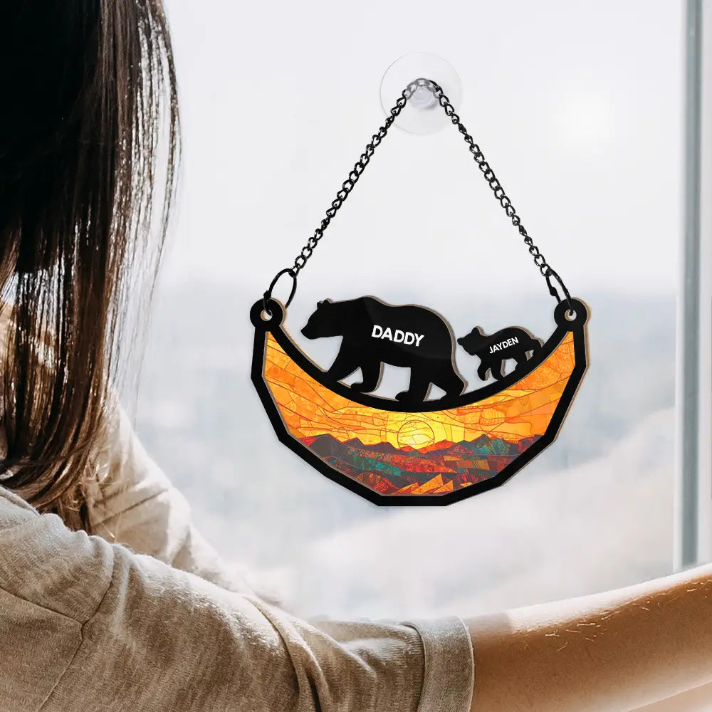 Gift For Father,Gift For Grandpa,Love - Dad Grandpa Papa Bear And Cubs - Personalized Window Hanging Suncatcher Ornament