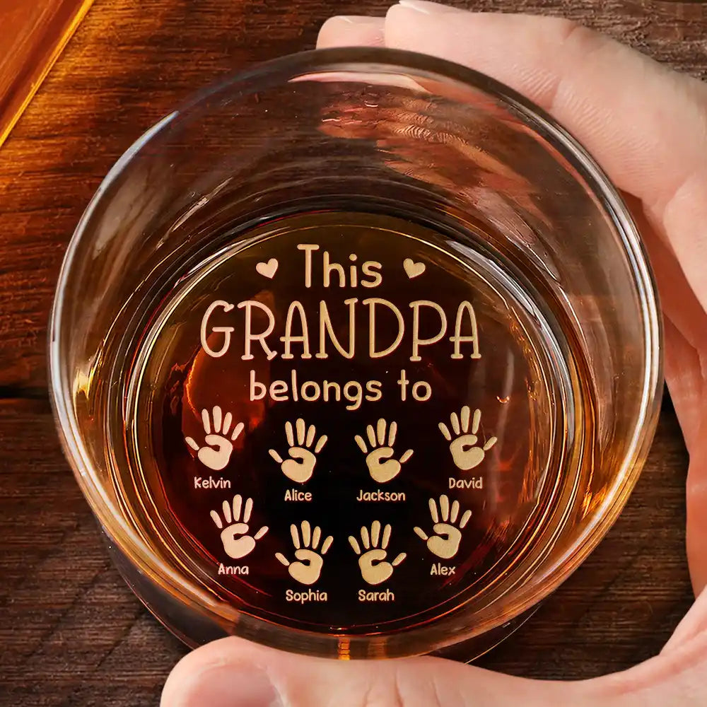 Gift For Father,Gift For Grandpa - Dad Kid Handprints This Papa Belongs To - Personalized Engraved Whiskey Glass