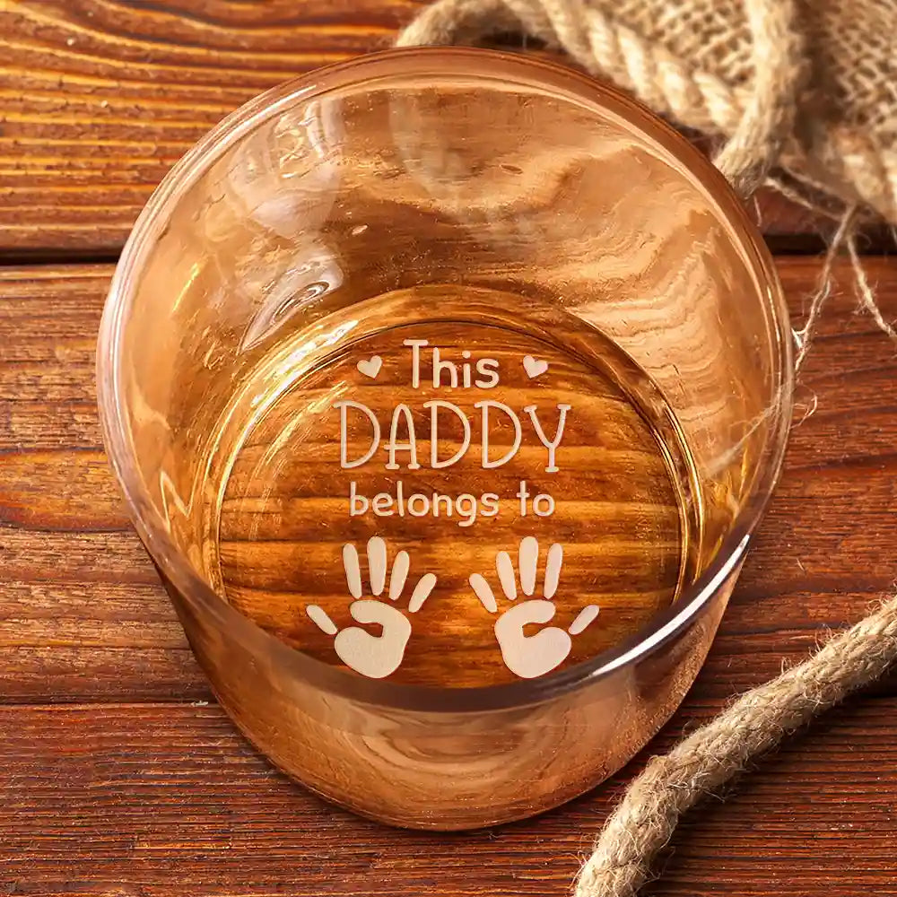 Gift For Father,Gift For Grandpa - Dad Kid Handprints This Papa Belongs To - Personalized Engraved Whiskey Glass
