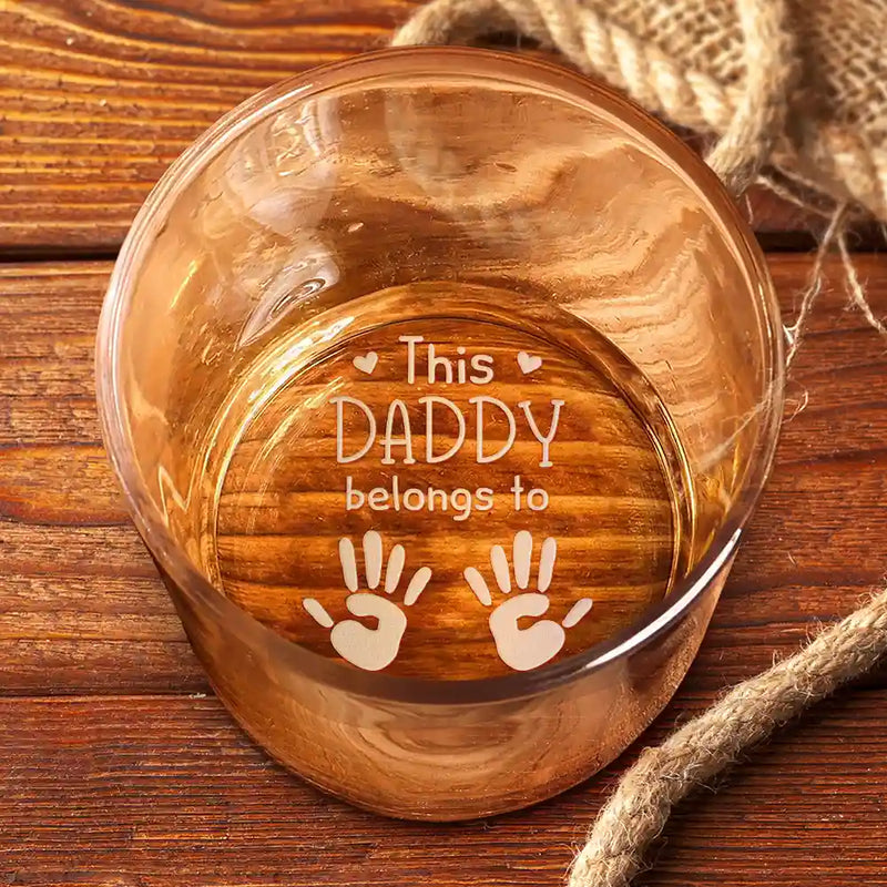 Gift For Father,Gift For Grandpa - Dad Kid Handprints This Papa Belongs To - Personalized Engraved Whiskey Glass