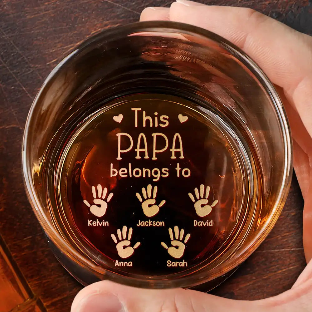 Gift For Father,Gift For Grandpa - Dad Kid Handprints This Papa Belongs To - Personalized Engraved Whiskey Glass