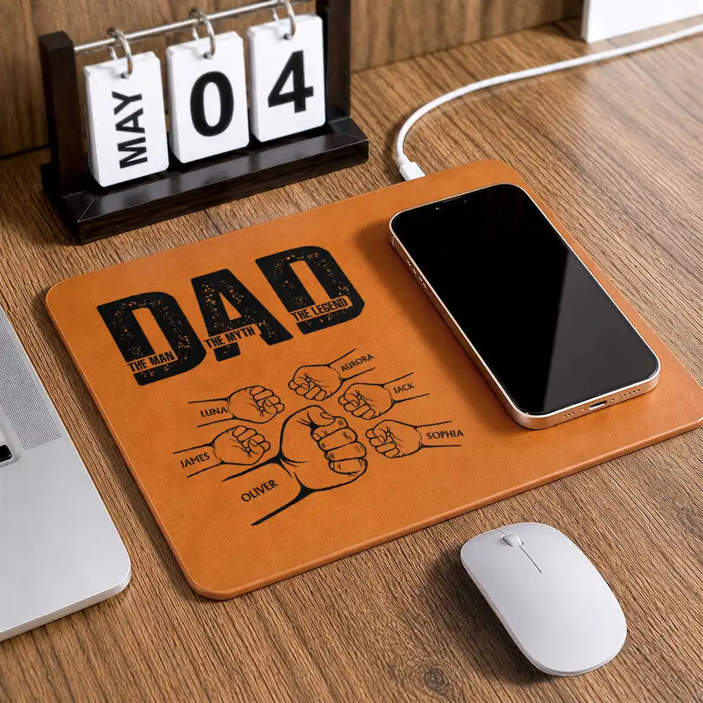Gift For Father,Top Market,Non-Eng,Icon,Confident - Dad The Man The Myth The Legend Hand Punch - Personalized Leather Charging Mat