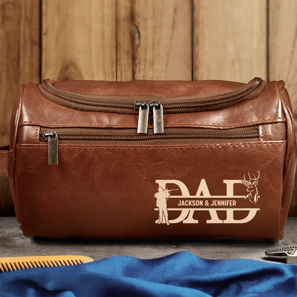 Gift For Husband, Gift For Yourself, Gift For Men, Gift For Father, Dad - Children, Love, Gift For Grandpa - Dad We Love You With Kids Names - Personalized Leather Toiletry Bag