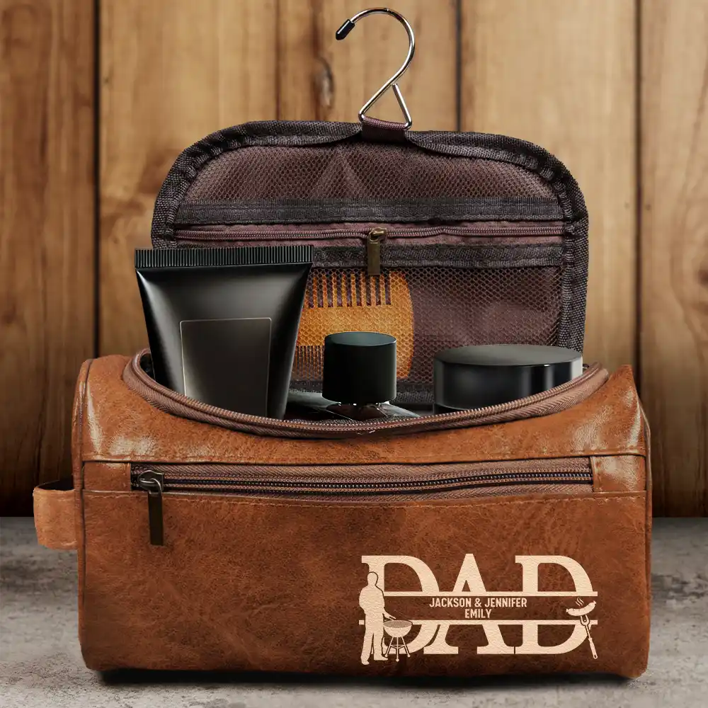 Gift For Husband, Gift For Yourself, Gift For Men, Gift For Father, Dad - Children, Love, Gift For Grandpa - Dad We Love You With Kids Names - Personalized Leather Toiletry Bag