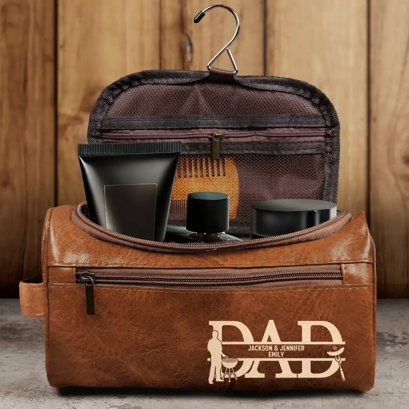 Gift For Husband, Gift For Yourself, Gift For Men, Gift For Father, Dad - Children, Love, Gift For Grandpa - Dad We Love You With Kids Names - Personalized Leather Toiletry Bag