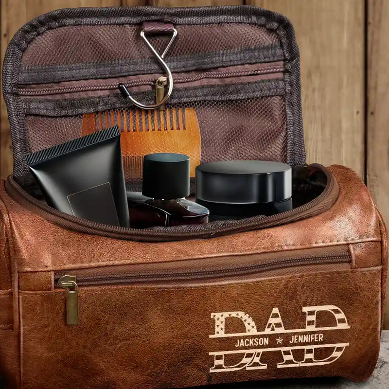 Gift For Husband, Gift For Yourself, Gift For Men, Gift For Father, Dad - Children, Love, Gift For Grandpa - Dad We Love You With Kids Names - Personalized Leather Toiletry Bag