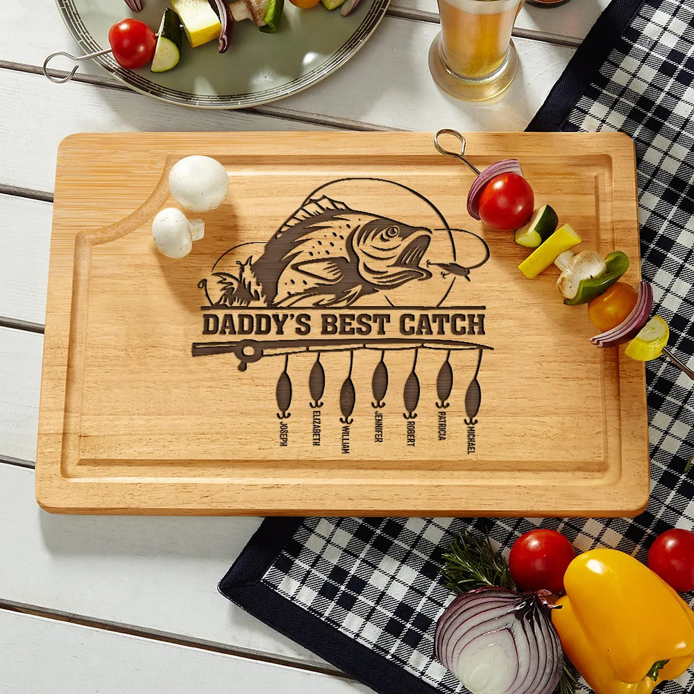 Gift For Husband,Gift For Yourself,Gift For Men,Gift For Grandpa,Grandpa's Hobby,Gift For Father,Dad's Hobby,Fishing - Dad's Best Catch - Personalized Wooden Cutting Board