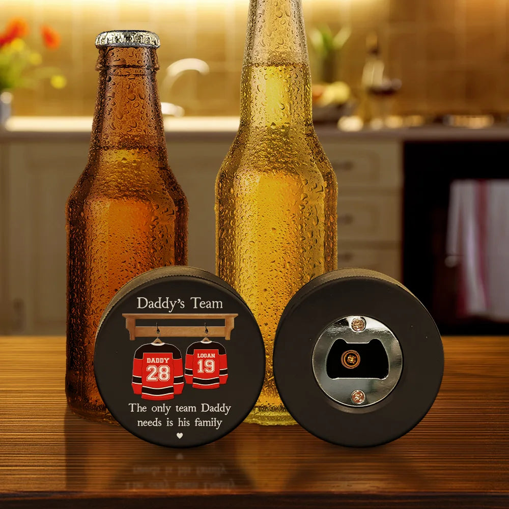 Dad - Children, Gift For Father, Happy - Daddy's Dream Team - Personalized Hockey Puck Bottle Opener