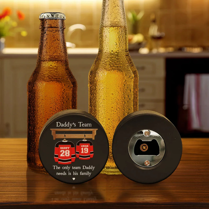 Dad - Children, Gift For Father, Happy - Daddy's Dream Team - Personalized Hockey Puck Bottle Opener
